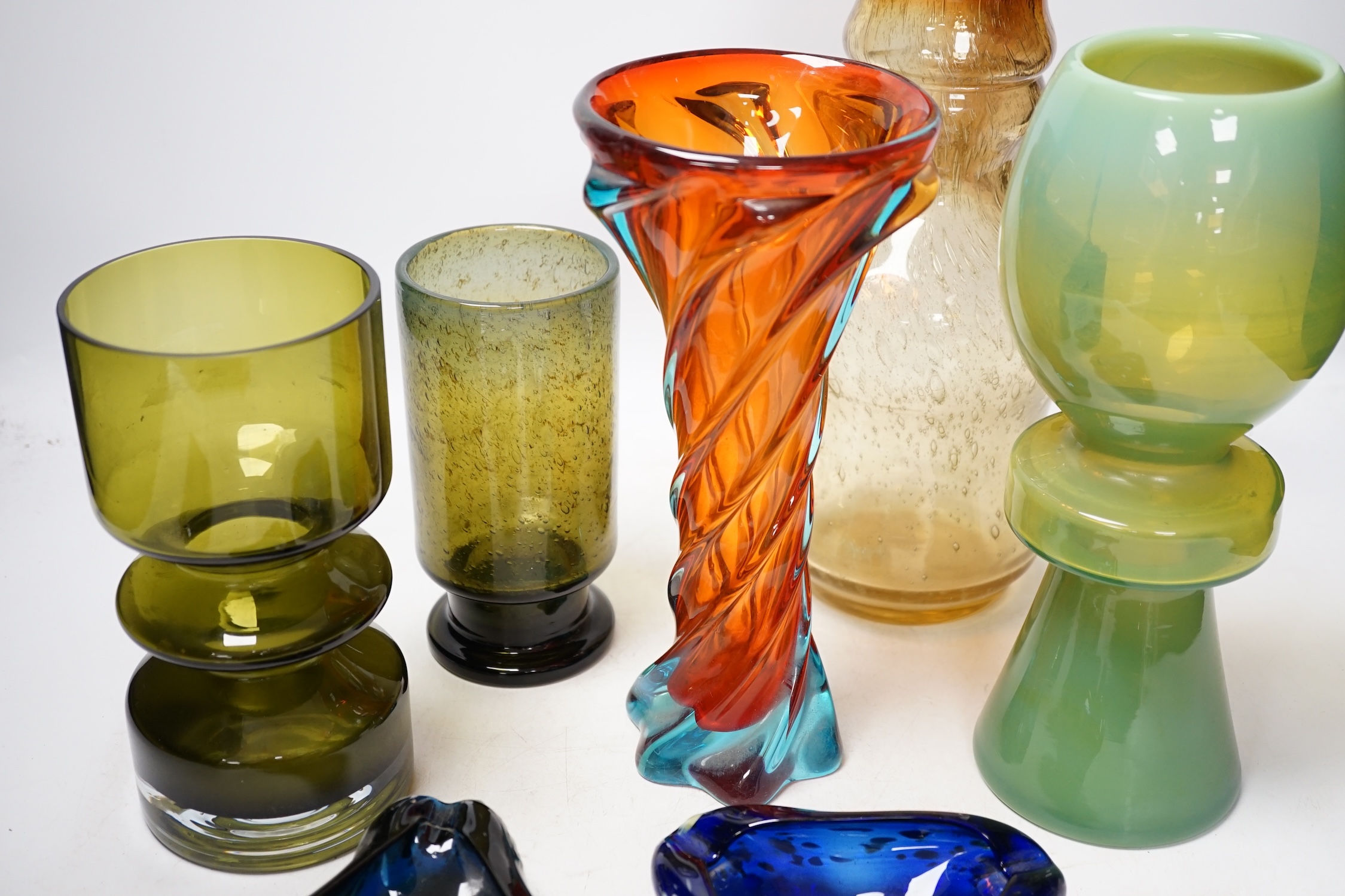 Seven mid 20th century glass items including; a Murano glass vase and six Polish glass items, tallest 30.5cm